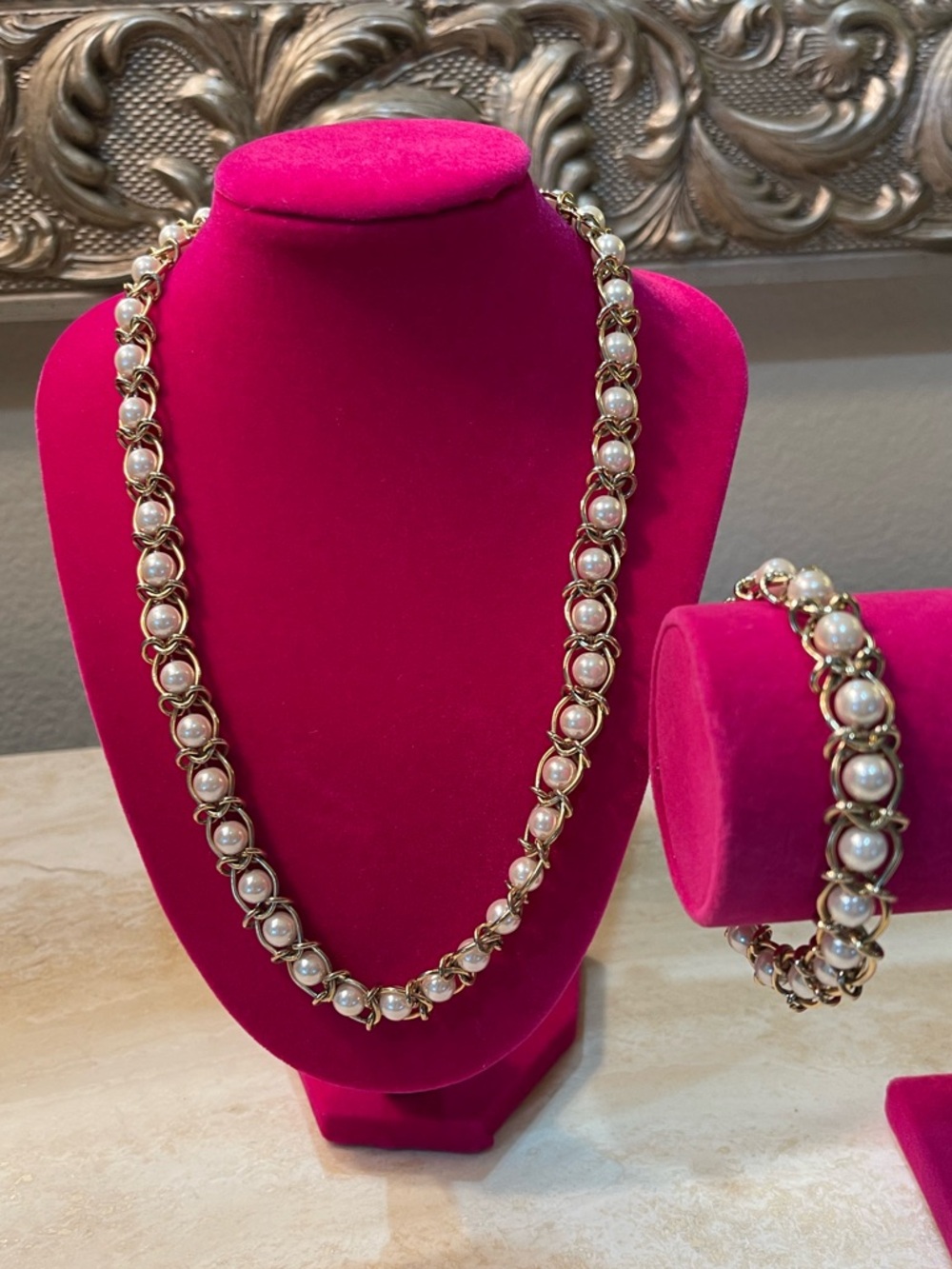 Vintage Caged Faux Pearl Gold Tone Necklace & Bracelet Set